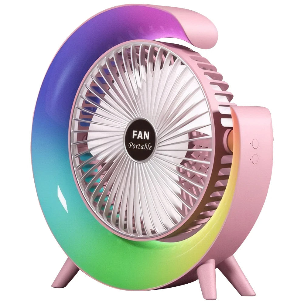 Rechargeable Desktop Fan With Colourful Night Light 180 Degree Rotation