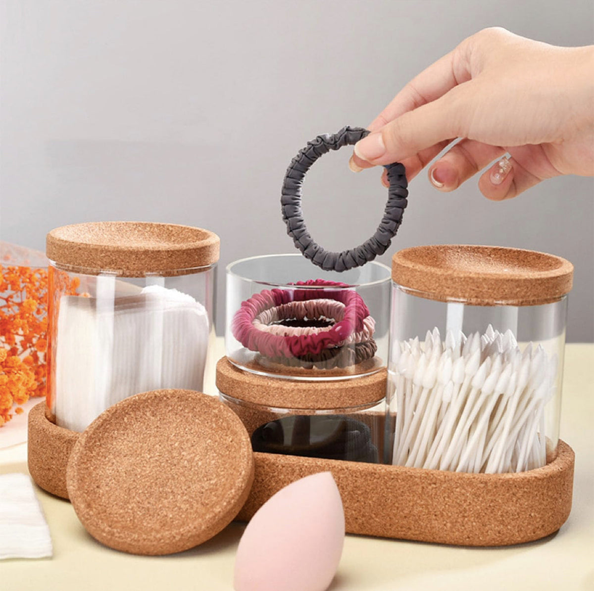 MHome 4-Pack Glass Jars with Cork Lids & Base – Multipurpose Organizer & Storage Canister Set
