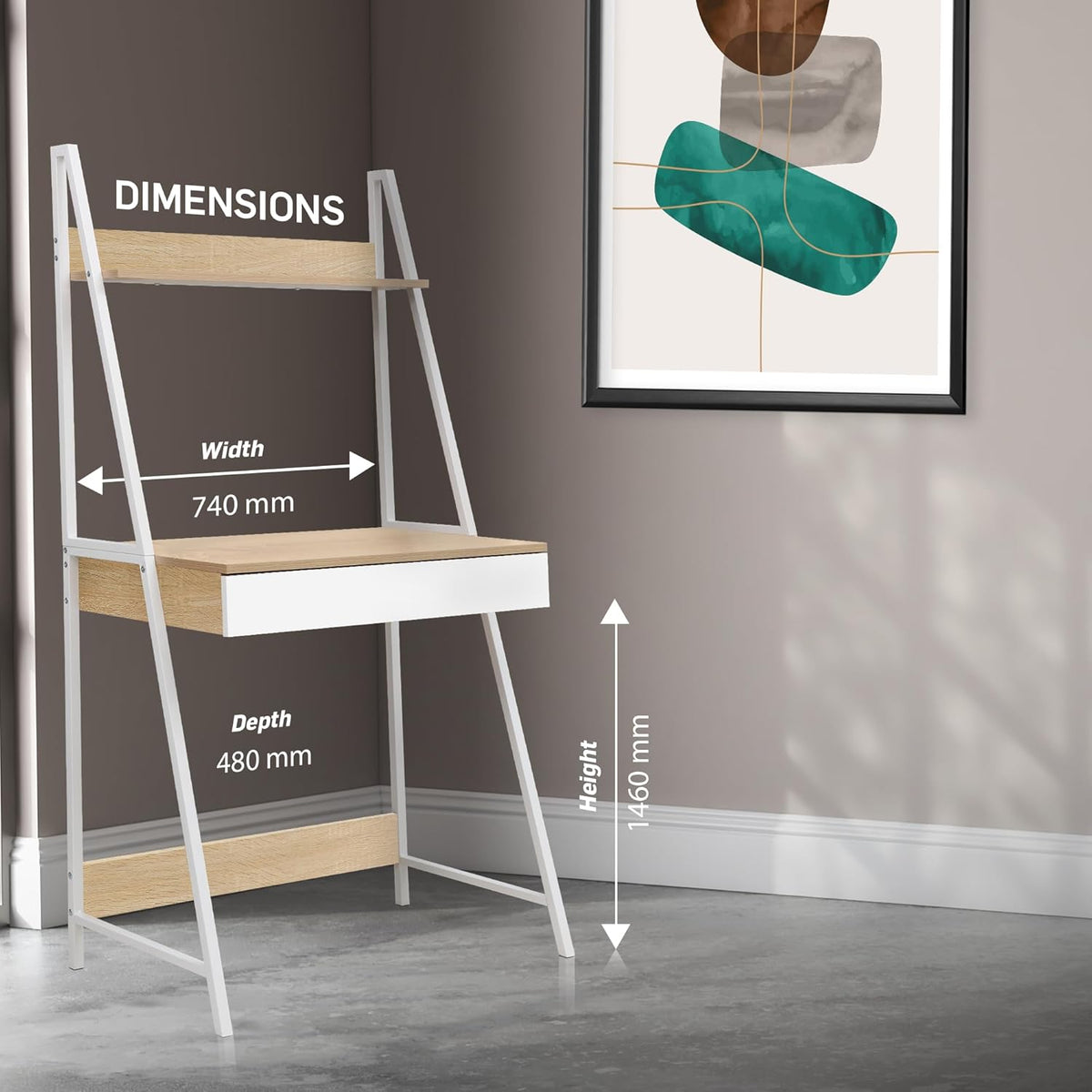 MFurn Modern Ladder Study Desk With Shelf – Wood & White Metal Frame
