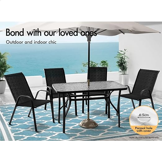 MFurn Leah Inspired 6pc Outdoor Dining Set – Patio Table, Chairs & Umbrella All-Weather Textilene Garden Furniture