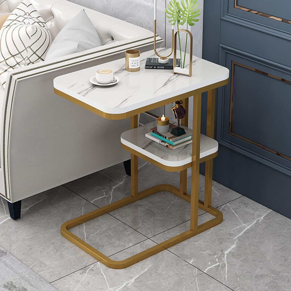 MFurn C-Shaped Double-Layer Side Table – Modern Coffee Table for Sofa Or Bed