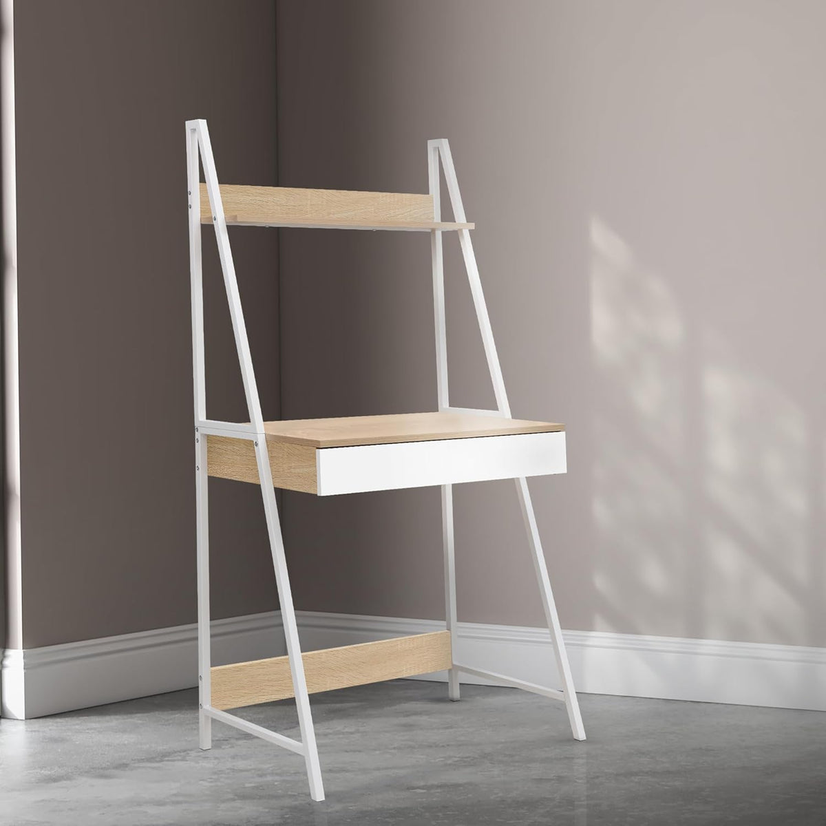 MFurn Modern Ladder Study Desk With Shelf – Wood & White Metal Frame