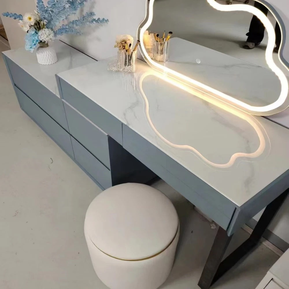 Luxury Dressing Table With Mirror Grey Only - LED & Stool