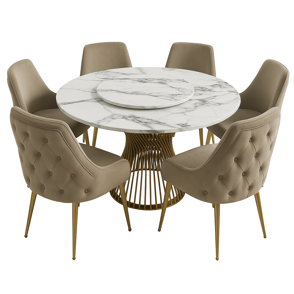 MFurn 6-Seater Marble Top Dining Table Set with Velvet Chairs and Gold Legs