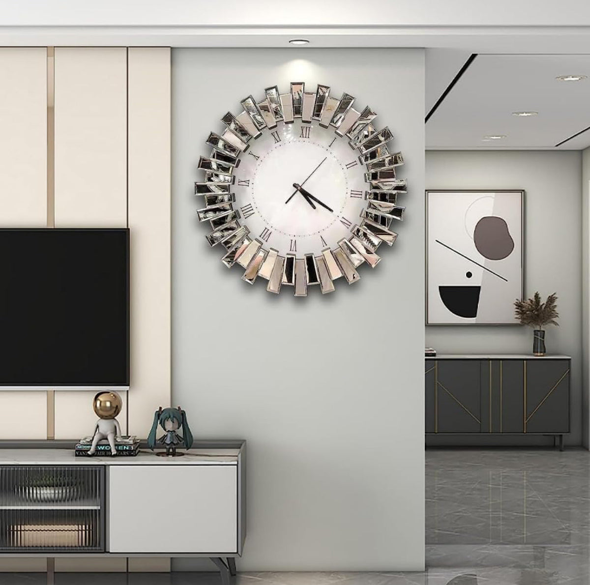3D Starburst Silver Wall Clock Modern Decorative Clocks with Beveled Glass Frame Luxury Big Clocks for Living Room Decor 60cm