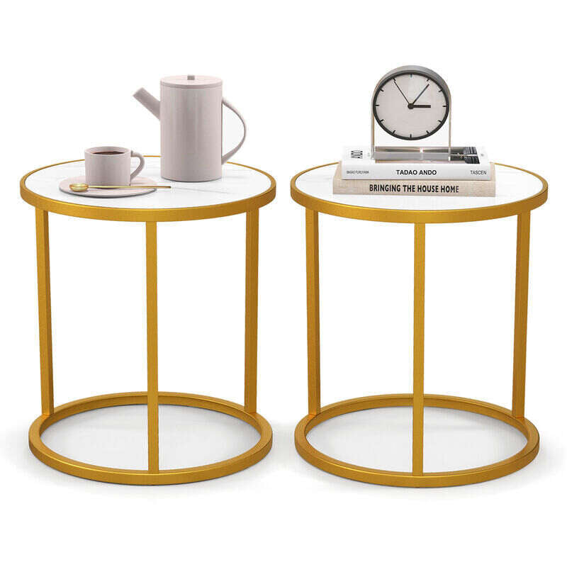 MFurn Marble Top Round Side Table End Table with Golden Metal Frame-Set of 2