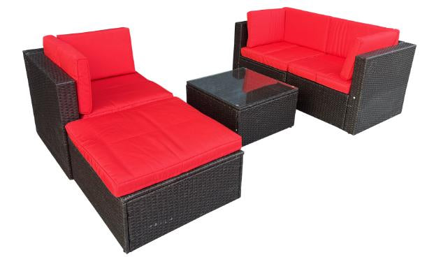MFurn - Lexi 5pc Patio Furniture Set - Wicker Conversation Set With Removable Cushions & Side Table Ottoman, Rattan Outdoor Sectional Sofa For Garden, Backyard, Porch, Outdoor Furniture (Red)-PreOrder Sales Now Open