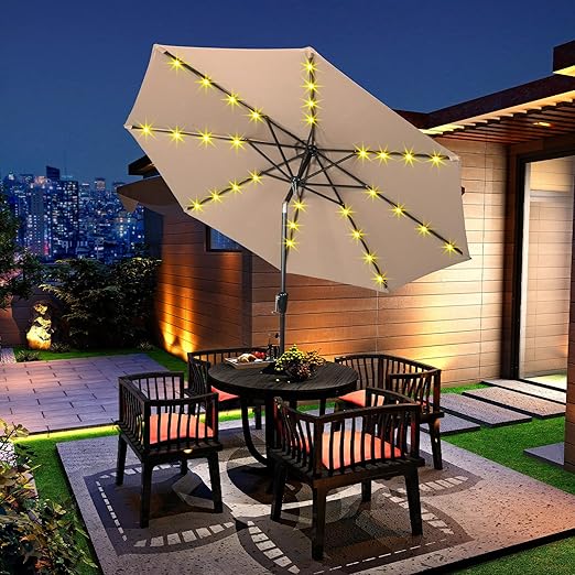 MFurn 3M Solar LED Outdoor Patio Umbrella – Waterproof Sun Shade, Various Colours