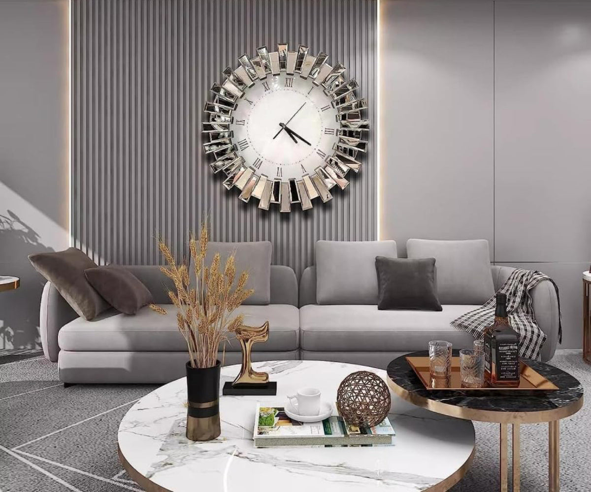 3D Starburst Silver Wall Clock Modern Decorative Clocks with Beveled Glass Frame Luxury Big Clocks for Living Room Decor 60cm