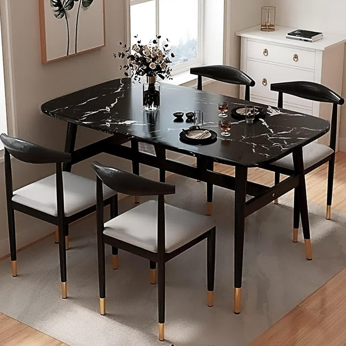 MFurn Modern Dining Table Set for 4 with Upholstered Chairs, Round Breakfast Table with Black Metal Legs ,Stylish Living Room Furniture-Available in Black or White Options