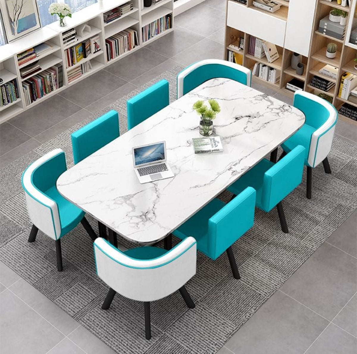 White Table / Blue & White Chairs