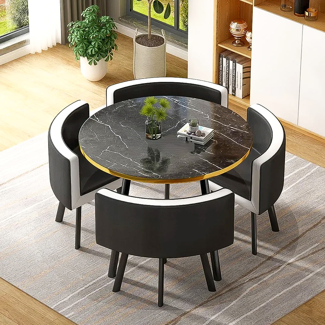 MFurn Modern Nordic Round Dining Table Set – 5pc Marble Look MDF Table with 4 PU Leather Chairs