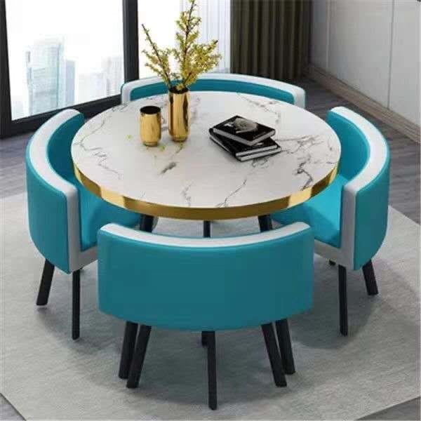 MFurn Modern Nordic Round Dining Table Set – 5pc Marble Look MDF Table with 4 PU Leather Chairs