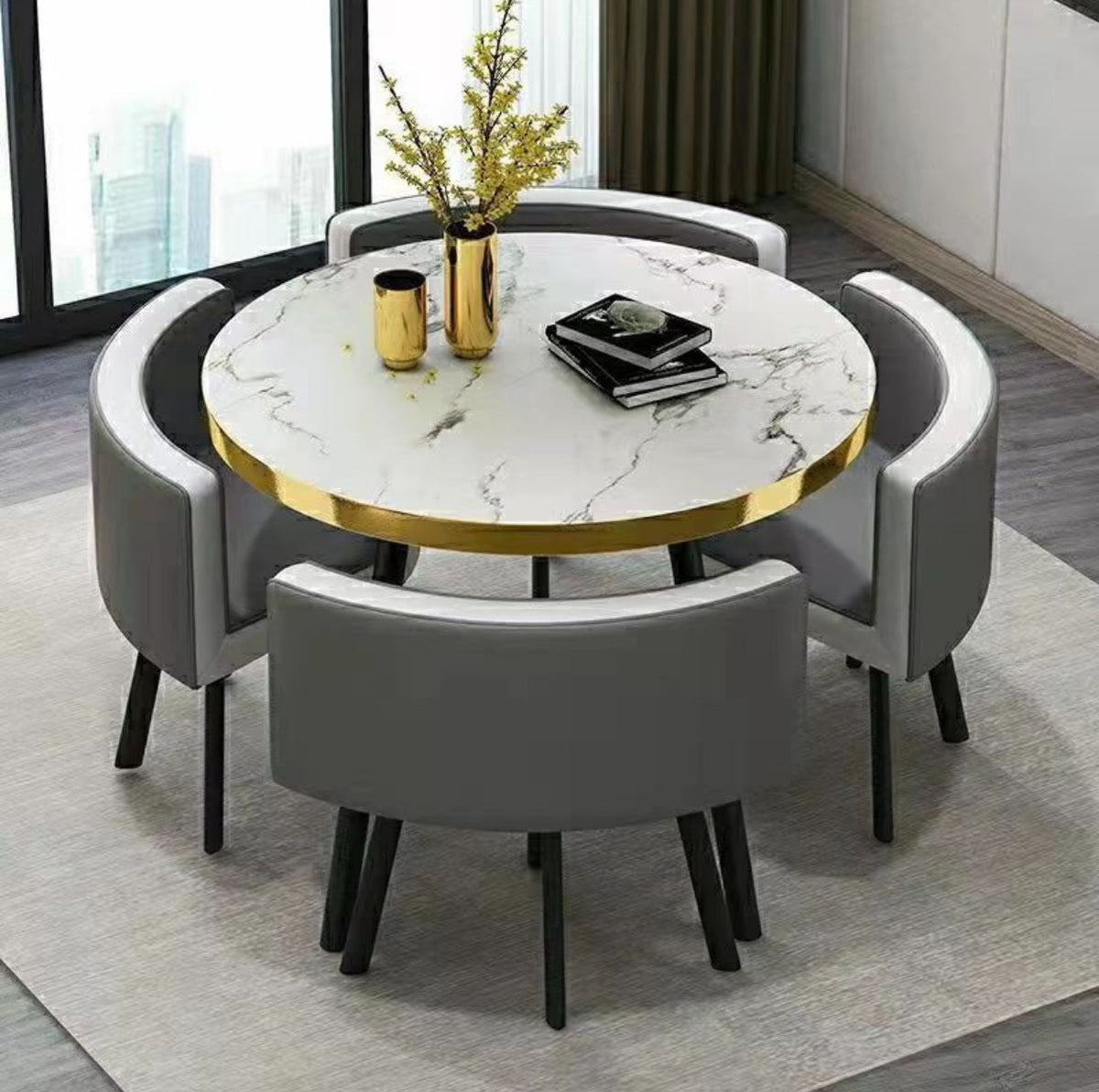 MFurn Modern Nordic Round Dining Table Set – 5pc Marble Look MDF Table with 4 PU Leather Chairs