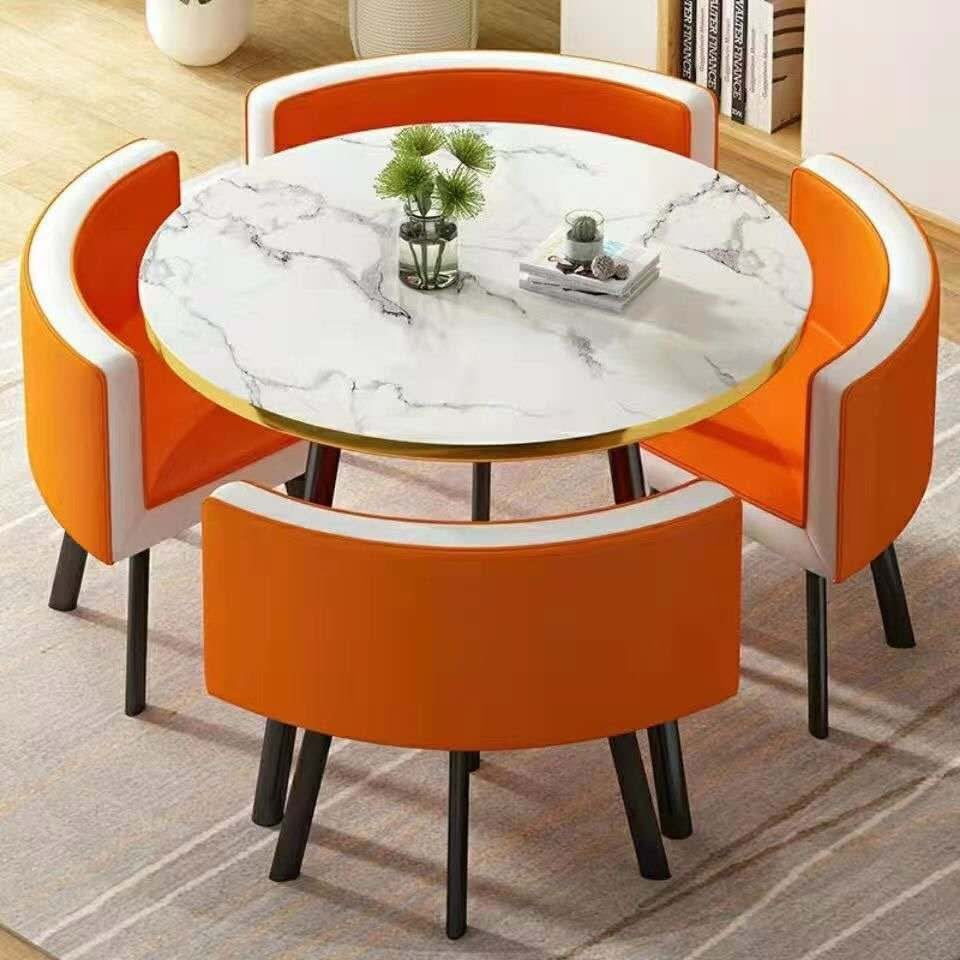 MFurn Modern Nordic Round Dining Table Set – 5pc Marble Look MDF Table with 4 PU Leather Chairs