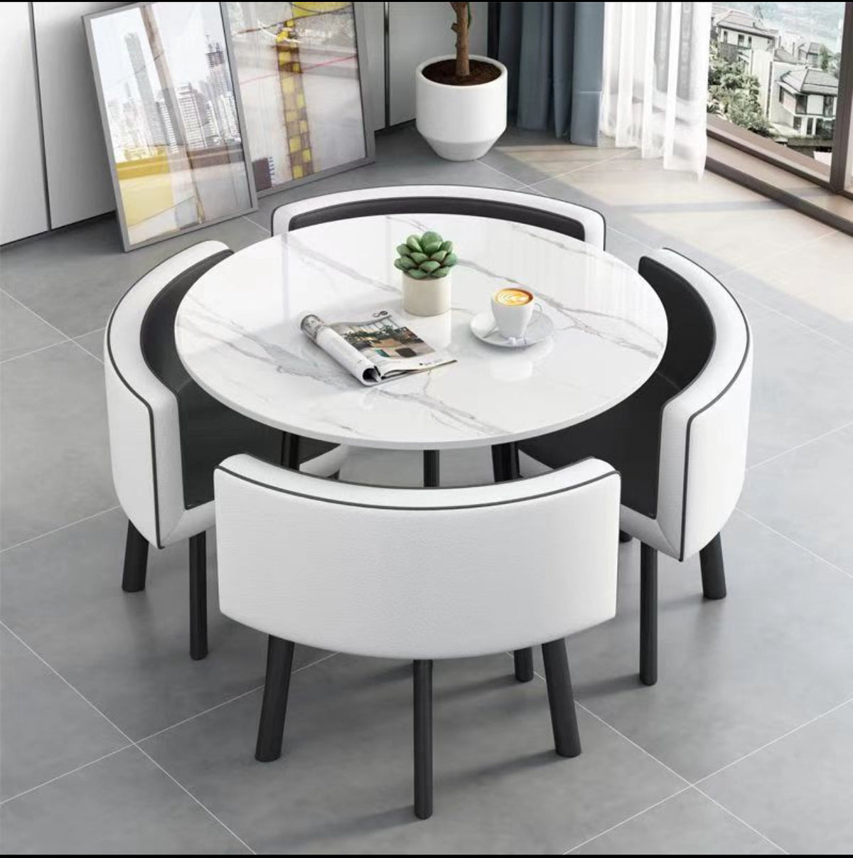 MFurn Modern Nordic Round Dining Table Set – 5pc Marble Look MDF Table with 4 PU Leather Chairs