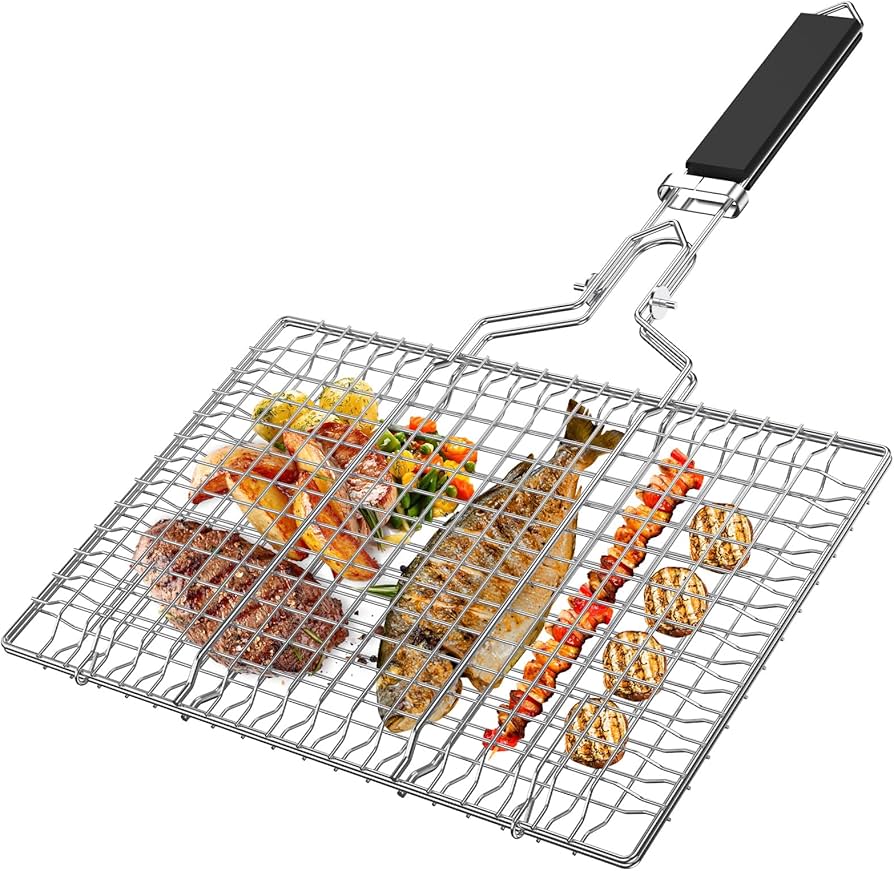 Master BBQ Collection Stainless Steel Clip-Type Grill Basket With Foldable Black Handle