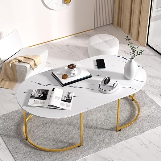 Modern Oval Faux Marble Coffee Table with Gold Metal Frame