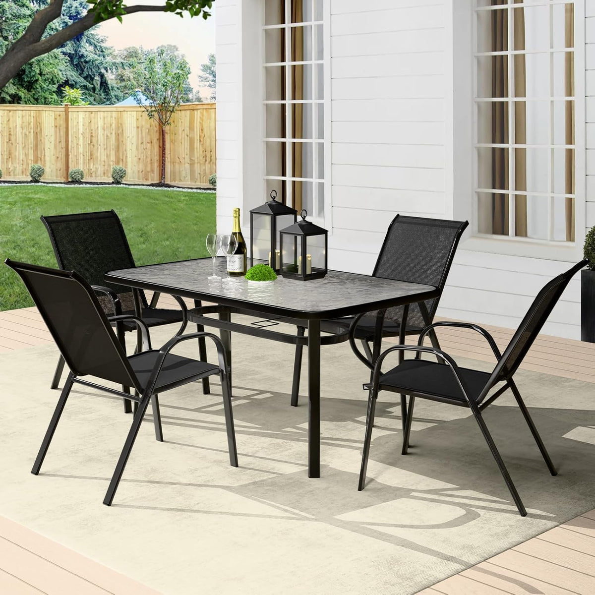 MFurn Leah Inspired 6pc Outdoor Dining Set – Patio Table, Chairs & Umbrella All-Weather Textilene Garden Furniture