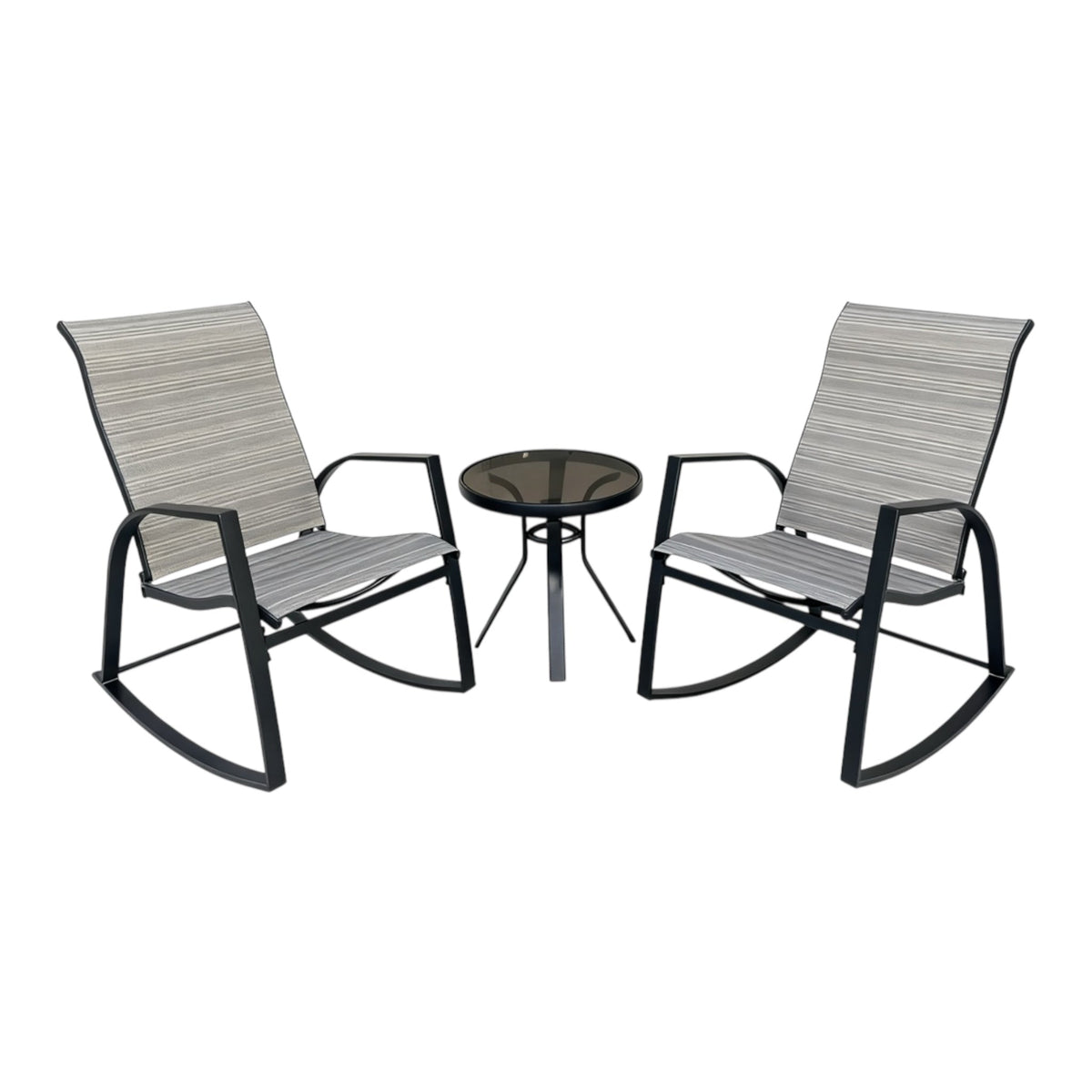 MFurn Milan 3Pc Patio Bistro Set – 2 Rocking Chairs & Glass Coffee Table