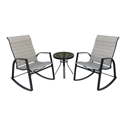 MFurn Milan 3Pc Patio Bistro Set – 2 Rocking Chairs & Glass Coffee Table