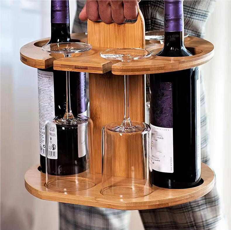 MHome Countertop Bamboo Wine Glass Rack – Holds 4 Glasses & 2 Bottles