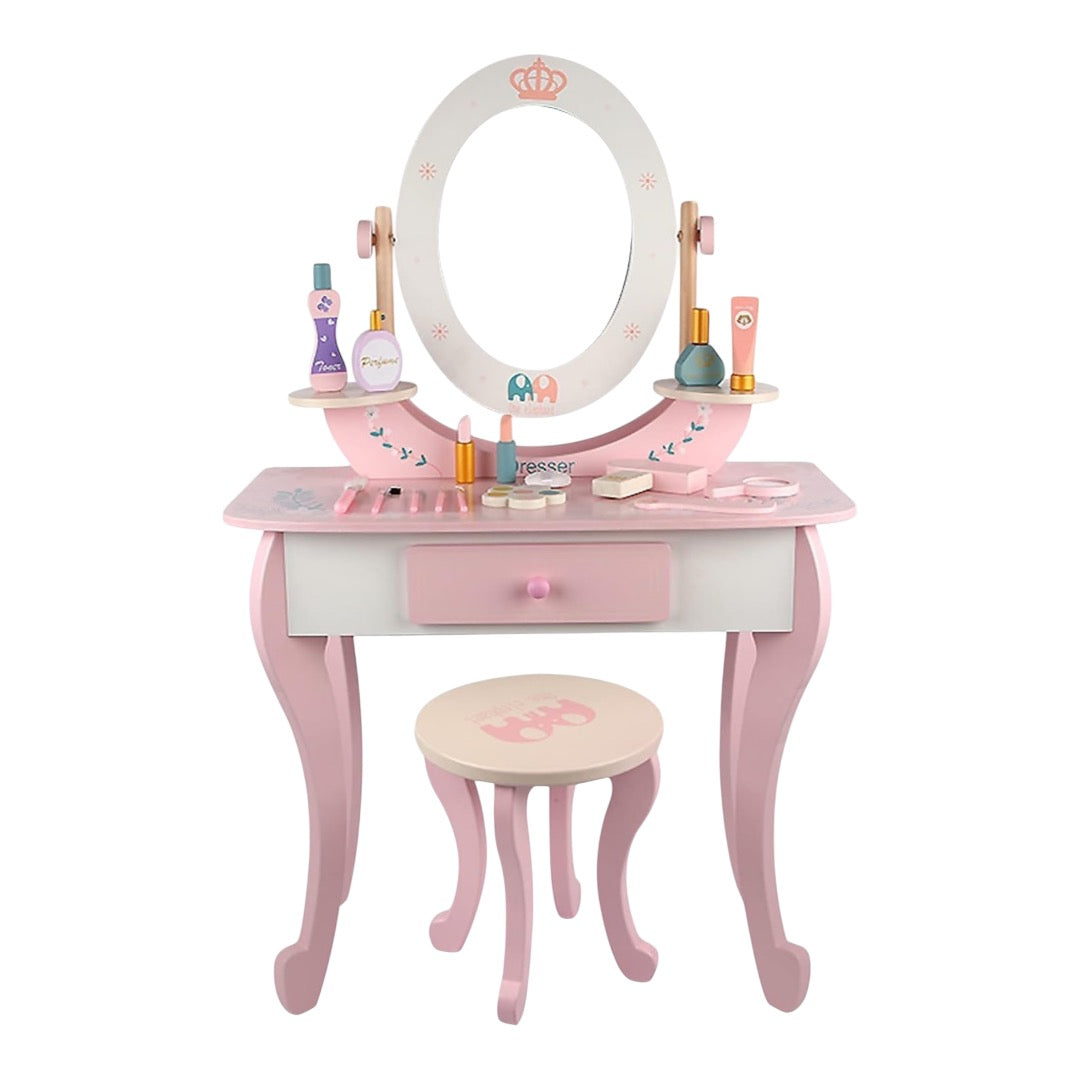 Generic Toddler Fantasy Vanity Beauty Dresser Table Play Set with Chair, Fashion & Makeup Accessories for Kid and Pretend Play, Toy,Wooden Dressing Table And Stools, Dresser Table,3,4,5 Age Kids (PINK)