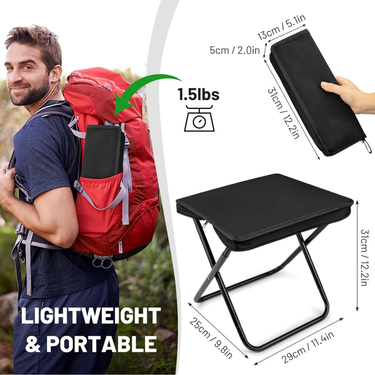Portable Folding Camping Stool, Lightweight Zipper Packed Folding Chair, Lightweight Camp Stool for Outdoor, Backpacking, Travel, Hiking, Fishing (Black