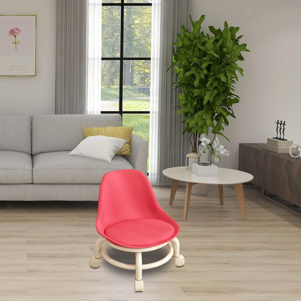 Low Chair Stool, Load Capacity Children's Stool, Backrest, Small, Living Stool, Low Chair, Small, Nappa Leather Fabric, Thick, Waterproof, Quiet Casters, 360 Degree