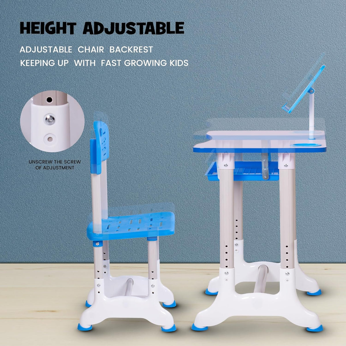 Study Desk and Chair Set Height Adjustable Children's Desk and Chair Set  Desktop with Reading Stand