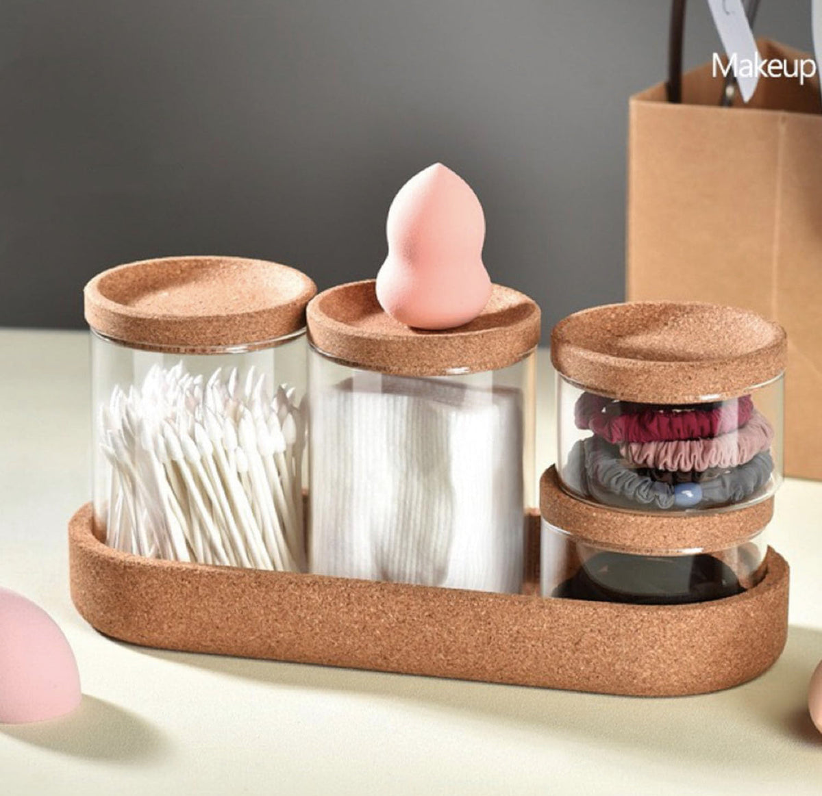 MHome 4-Pack Glass Jars with Cork Lids & Base – Multipurpose Organizer & Storage Canister Set