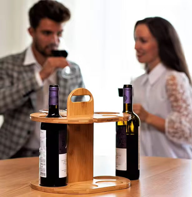 MHome Countertop Bamboo Wine Glass Rack – Holds 4 Glasses & 2 Bottles