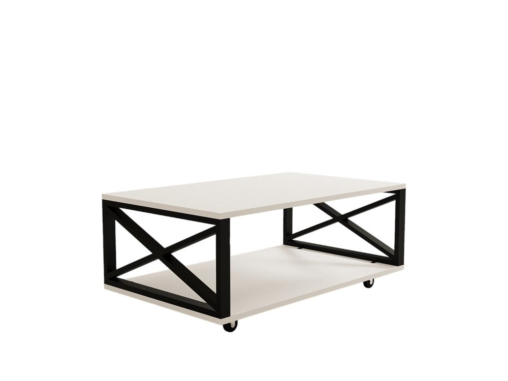 MFurn Modern Black Coffee Table – Metal Frame with Marble Effect Top