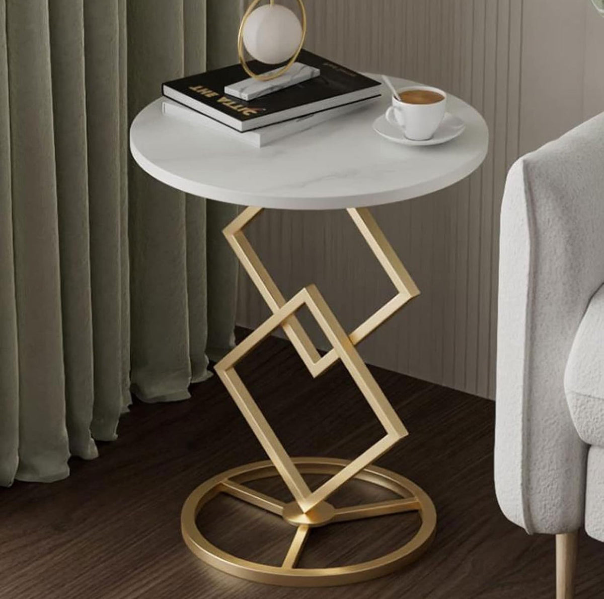 MFurn Nordic Style Marble Wood, Gold & White Side Table