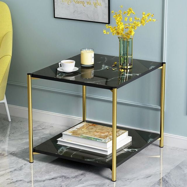MFurn Modern Wooden Coffee Table – 2-Tier Side Table with Metal Legs