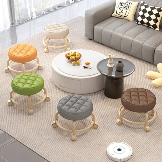 Multi Functional Round Stool Suitable For Multiple Scenarios Portable Wheel Rotation Movement And Detachable Leather Sofa Cushion Upgraded Double-Layer Frame Structure Stable Household Small Round Stool
