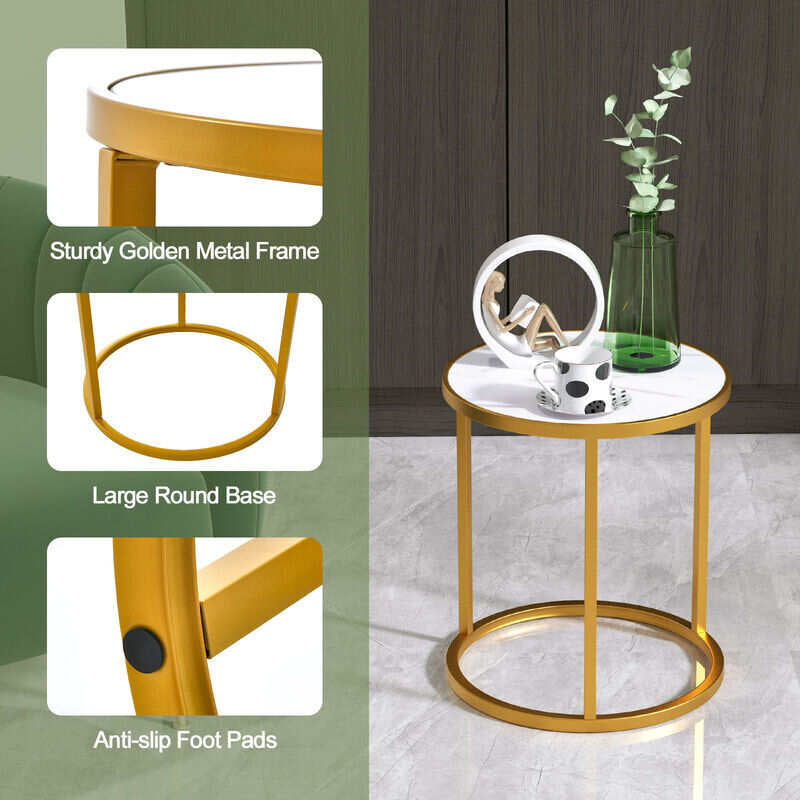MFurn Marble Top Round Side Table End Table with Golden Metal Frame-Set of 2