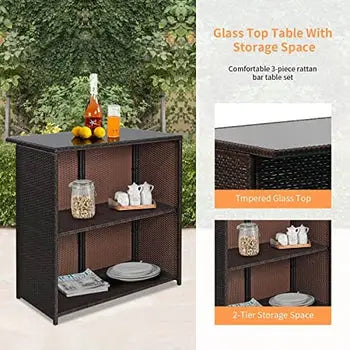 MFurn Cassy 3pc Wicker Outdoor Patio Bar Set with Glass Top & Cushions