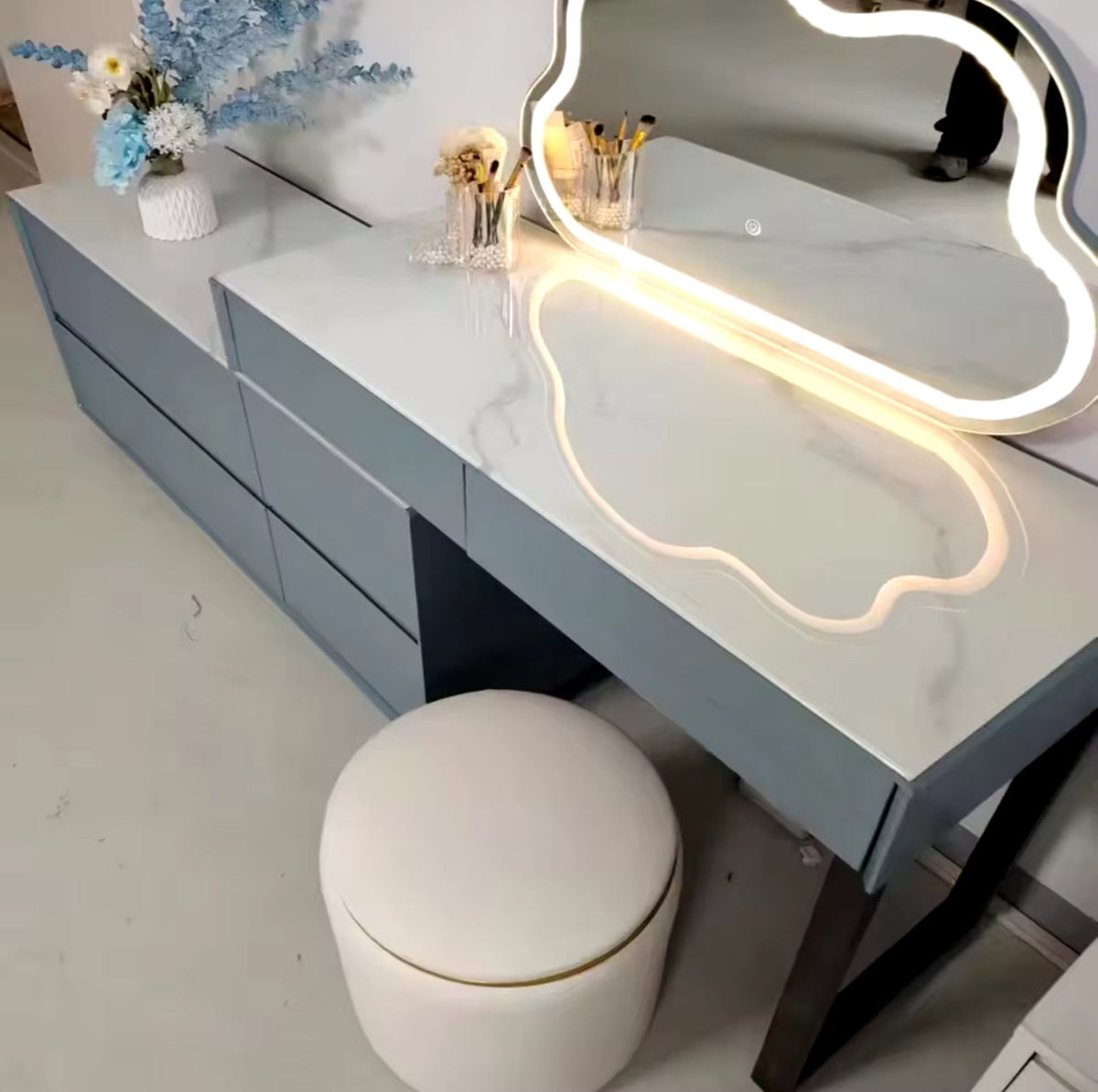 Luxury Dressing Table With Mirror Grey Only - LED & Stool