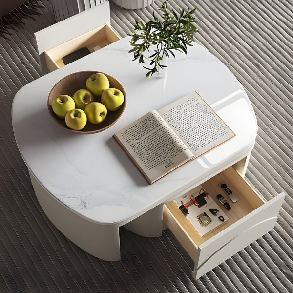 MFurn  Extendable Coffee Table for Living Room,with 2 Storage Stools and 2 Drawers, White.