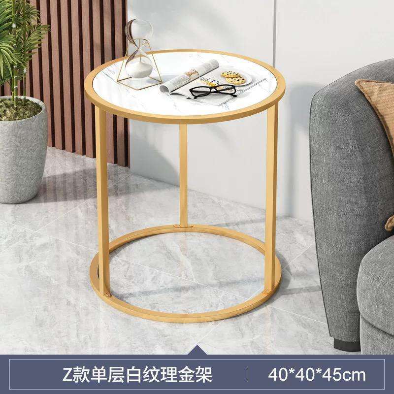 MFurn Marble Top Round Side Table End Table with Golden Metal Frame-Set of 2