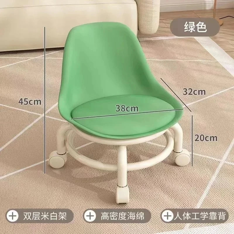 Low Chair Stool, Load Capacity Children's Stool, Backrest, Small, Living Stool, Low Chair, Small, Nappa Leather Fabric, Thick, Waterproof, Quiet Casters, 360 Degree