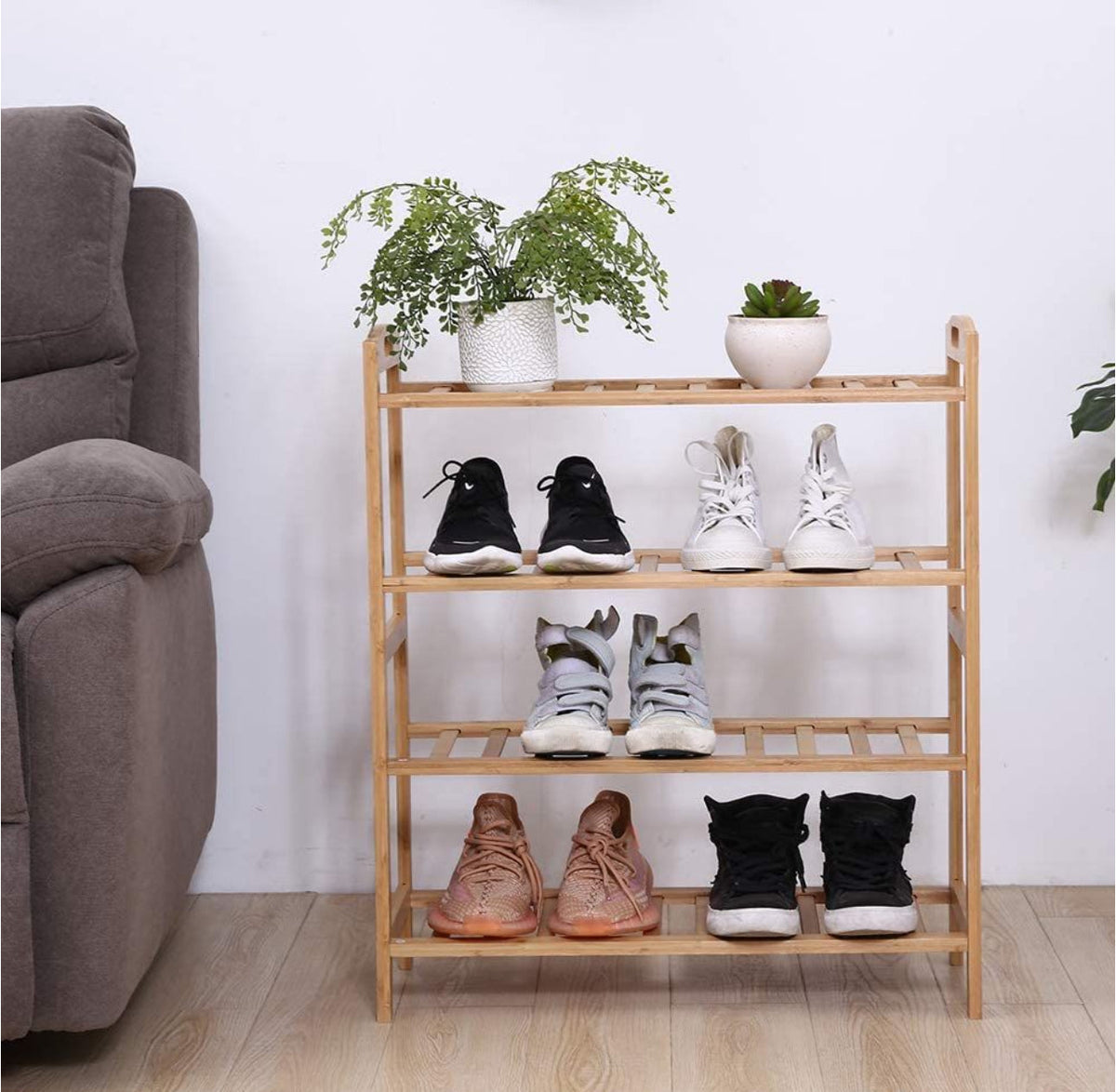 Bamboo Wood Storage / Shoe Rack With 4 Tier 12 Pairs Shoe Shelf Storage Organizer