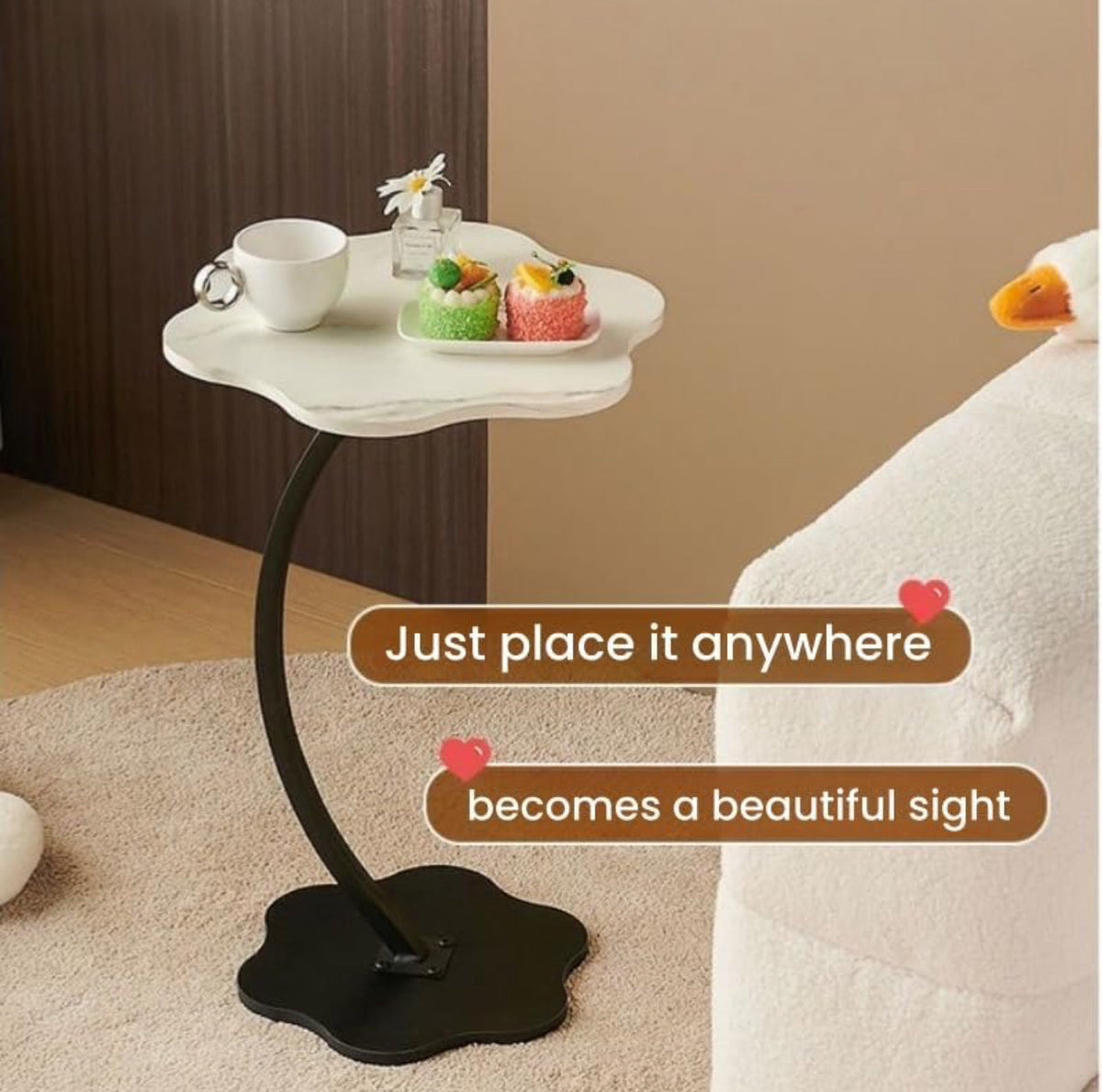Side Table, Modern C Shaped End Table for Small Spaces, Small Couch Side Tables That Slide Under, Wood Coffee Table for Sofa Black/White