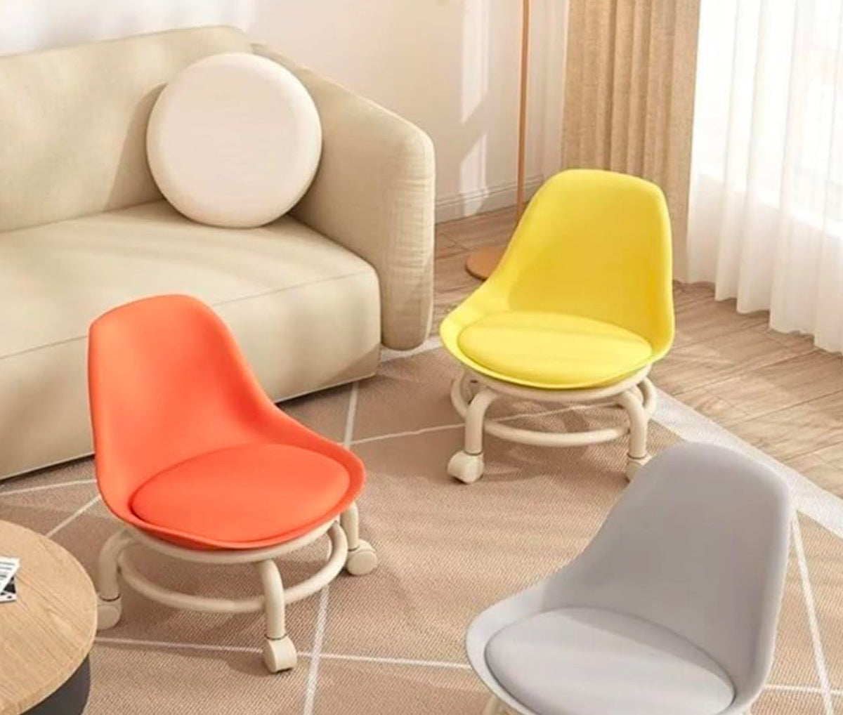 Low Chair Stool, Load Capacity Children's Stool, Backrest, Small, Living Stool, Low Chair, Small, Nappa Leather Fabric, Thick, Waterproof, Quiet Casters, 360 Degree