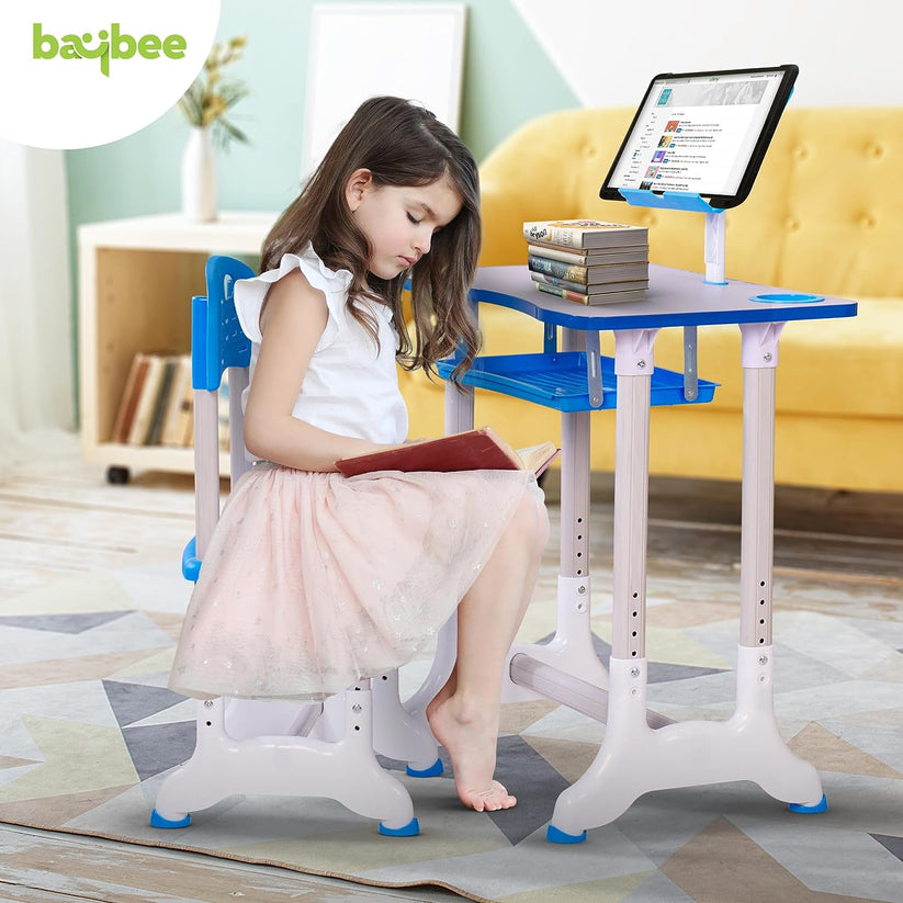 Study Desk and Chair Set Height Adjustable Children's Desk and Chair Set  Desktop with Reading Stand