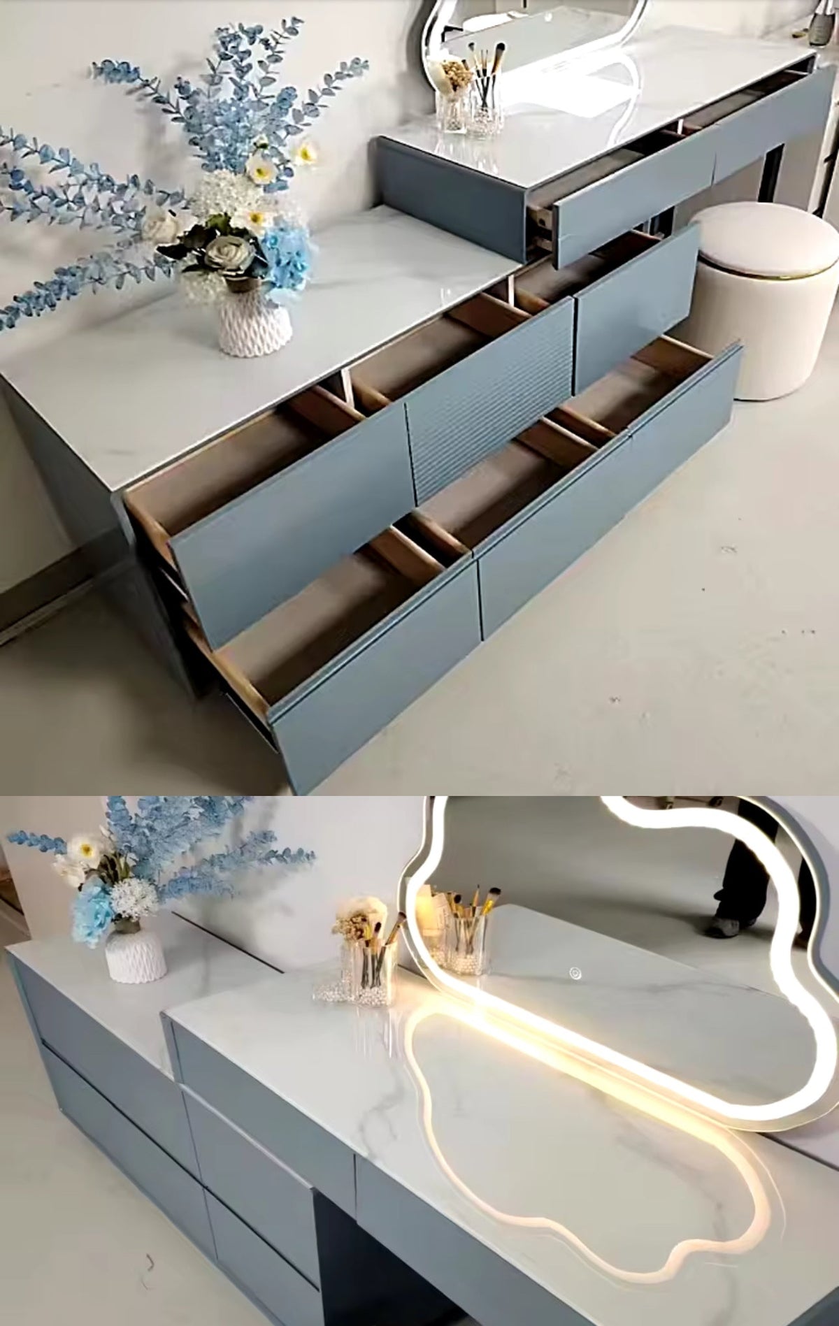 Luxury Dressing Table With Mirror Grey Only - LED & Stool