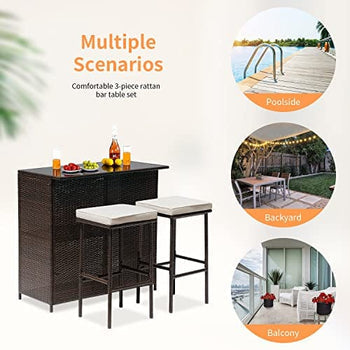 MFurn Cassy 3pc Wicker Outdoor Patio Bar Set with Glass Top & Cushions
