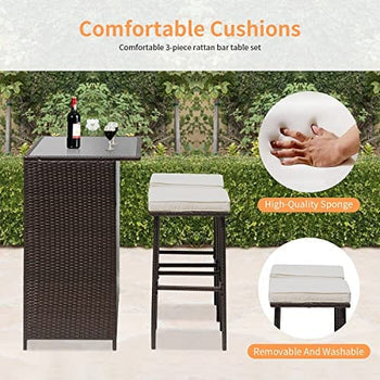 MFurn Cassy 3pc Wicker Outdoor Patio Bar Set with Glass Top & Cushions