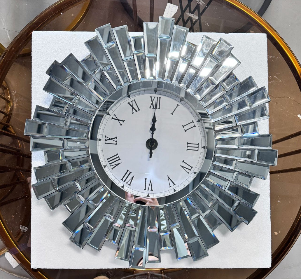 3D Starburst Silver Wall Clock Modern Decorative Clocks with Beveled Glass Frame Luxury Big Clocks for Living Room Decor 60cm